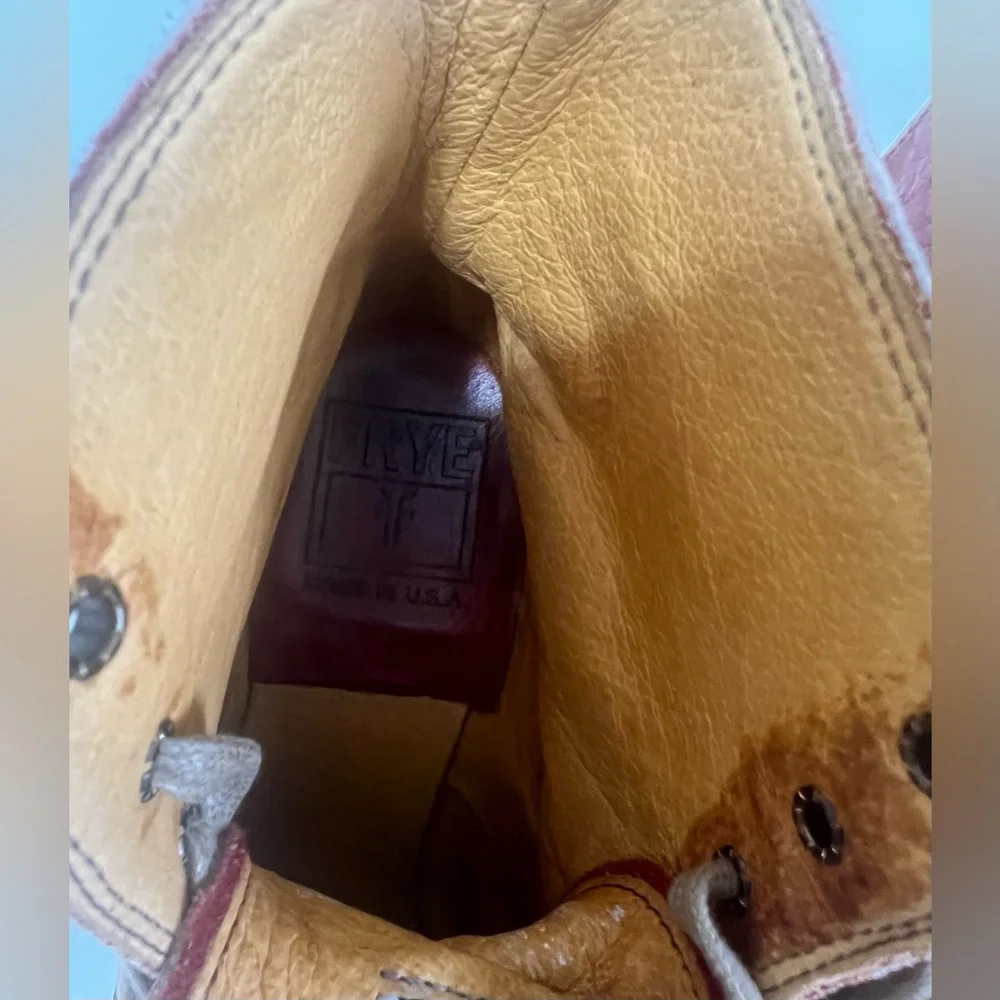 RARE Frye Sabrina 6G Lace Up Genuine Cognac Leather Classic Combat Boots - Picture 7 of 11